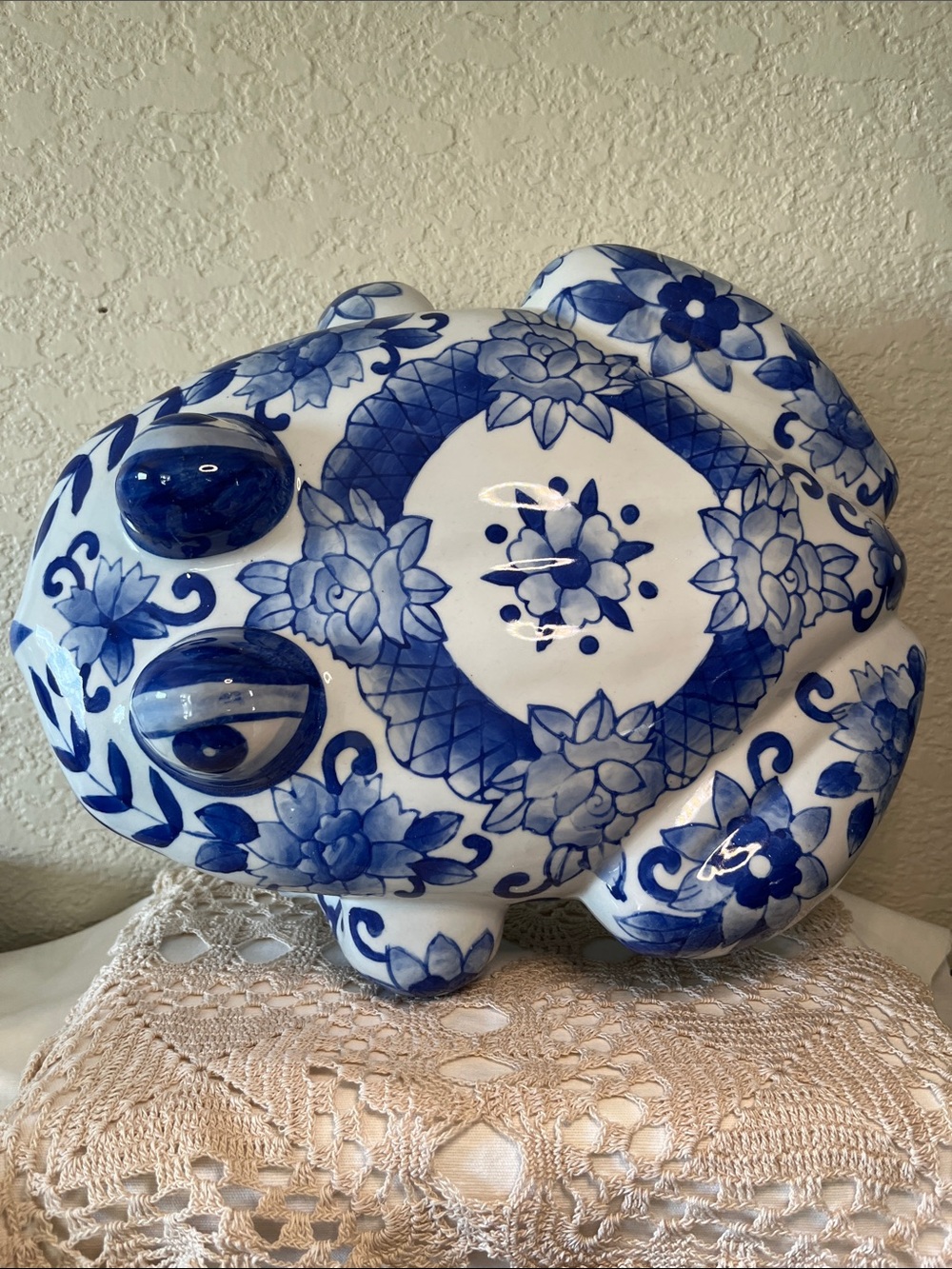 Large 12” Blue White Ceramic Frog Figurine Chinoiserie Floral Home Decor